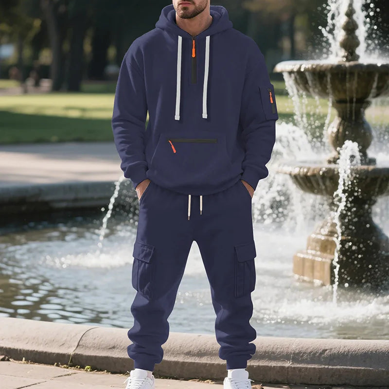 Herren-Sportanzug-Stil, Herbst- und Winter-Fleece, lässige Sportbekleidung für Herren, Reißverschlusspullover, Arbeitshosenanzug mit mehreren Taschen